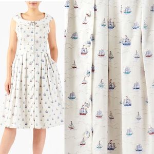 Boat Anthropologie Style Fit & Flare Dress Size Large Retro Sailboat Print Blue